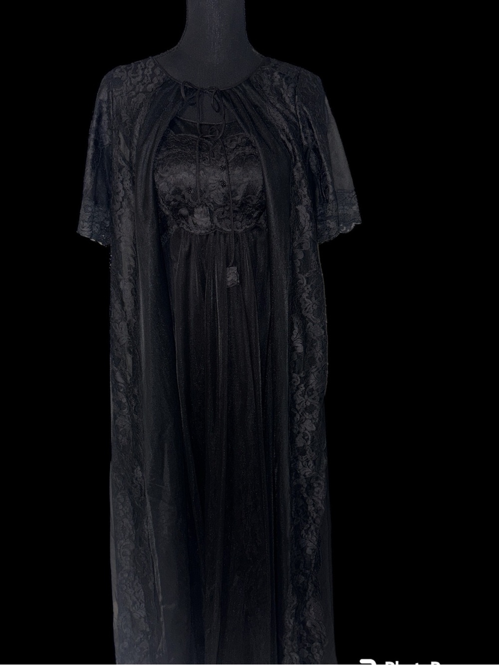 Vintage 1960s Shadowline Peignoir Set, Black Nylon & Lace Robe Nightgown Vamp